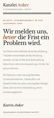 Beispielentwurf: Website für eine Steuerberatung, Handy-Ansicht