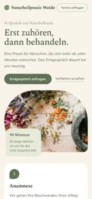 Beispielentwurf: Website für eine Naturheilpraxis, Handy-Ansicht